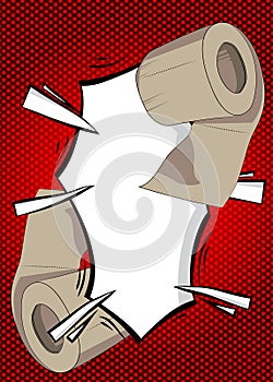 Cartoon Toilet Paper with blank speech bubble, comic book Bathroom Hygiene Accessory background.