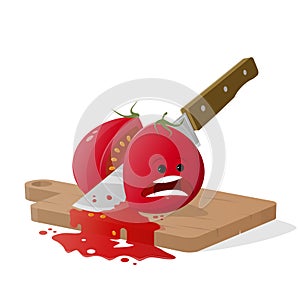 Cartoon tomato cut by kitchen knife