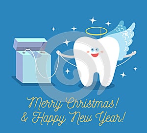 Cartoon tooth Angel with dental floss. Merry Christmas