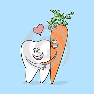 Cartoon tooth with a carrot. Dental care concept.