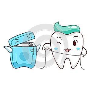 cartoon tooth cleaning itself with dental floss and cartoon dental floss box.