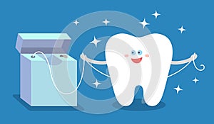 Cartoon tooth with dental floss, sparkles on blue background.