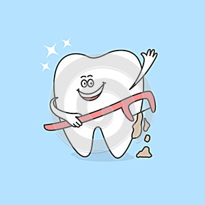 Cartoon tooth with a dental floss stick or a floss holder.