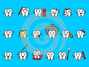 Cartoon tooth. Dental smile characters with braces and funny dentist brush. Cavity extraction. Happy and sad faces