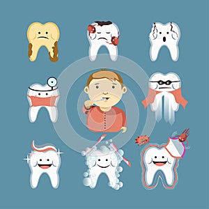 Cartoon tooth disease and vector child brushing teeth