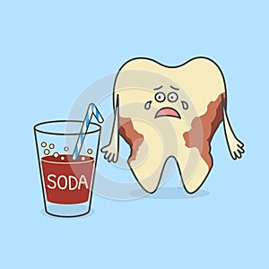 Cartoon tooth with a glass of soda and with decay or caries.