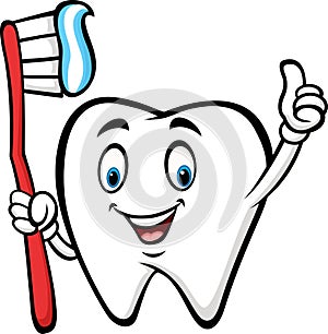 Cartoon tooth holding tooth brush and giving thumb up
