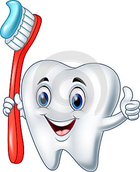 Cartoon tooth holding a tooth brush giving thumb up