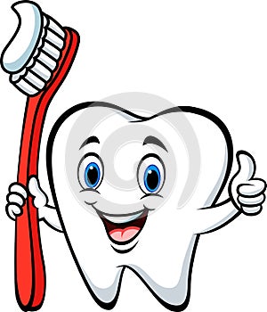Cartoon tooth holding a tooth brush giving thumb up photo