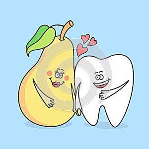 Cartoon tooth with a pear. Good habits for your teeth.