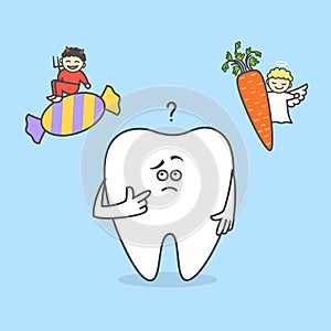 Cartoon tooth thinking with angel and devil. Candy and carrot