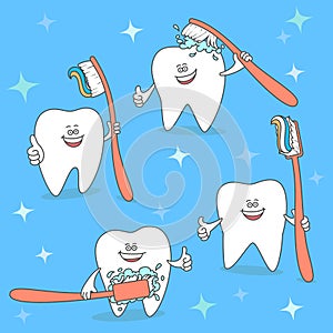 Cartoon tooth with a toothbrush. Set of dentistry illustration. Toothbrushing concept