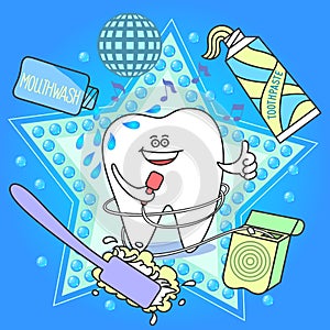 Cartoon tooth with a toothbrush, toothpaste, floss and mouthwash