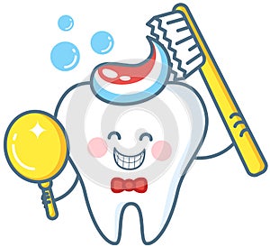 Cartoon Tooth With Toothpaste And Mirror