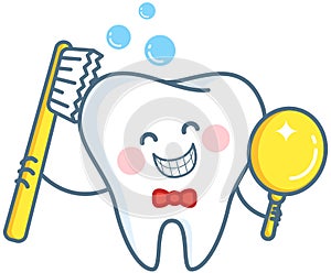 Cartoon Tooth With Toothpaste And Mirror