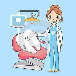 Cartoon tooth visiting a dental office. Tooth sitting in a chair and a dentist woman. Treating teeth