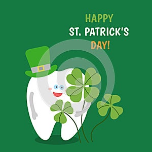 Cartoon tooth wearing a hat holds a four-leaved shamrock on green background.