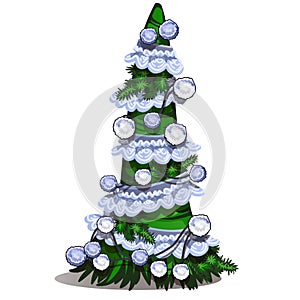 Cartoon topiary in the form of a cone Christmas tree with bauble, white lace ribbon and pompons. Sketch for greeting