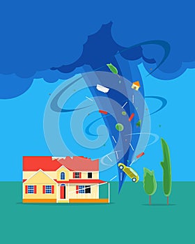 Cartoon Tornado or Hurricane Destroy House. Vector