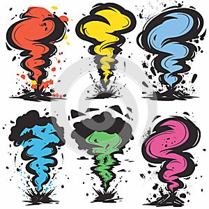 Cartoon tornadoes colorful, splatter, dynamic swirls, abstract twisters. Vibrant tornado