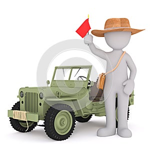 Cartoon tourist with flag standing next to jeep