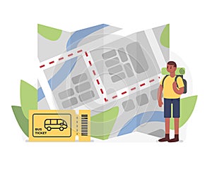 Cartoon tourist guy plans his trip by bus illustration