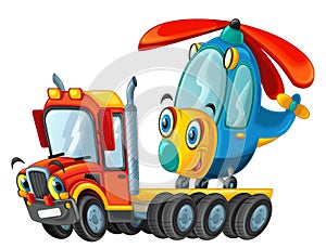 Cartoon tow truck driver with helicopter isolated