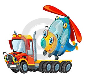 Cartoon tow truck driver with helicopter isolated