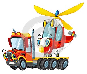Cartoon tow truck driver with vehicle helicopter isolated