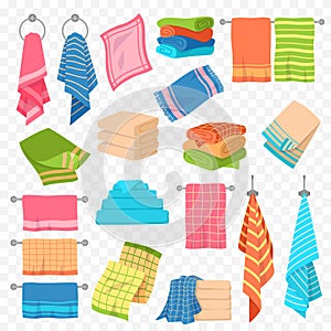 Cartoon towel. Kitchen, beach and bath hanging or stacked towels. Rolls for spa hygiene, textile objects colorful vector