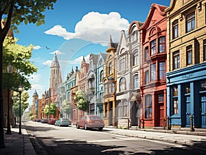 A cartoon town with different colored houses and shops built facing each other along the road.