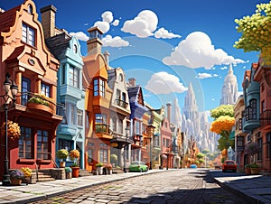 A cartoon town with different colored houses and shops built facing each other along the road.