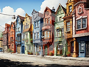 A cartoon town with different colored houses and shops built facing each other along the road.