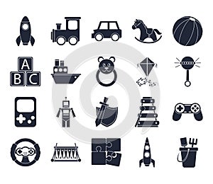 Cartoon toy rocket train car robot cube boat bear kite, object for small children to play, silhouette style icons set