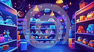 Cartoon toy shop interior with shelves. Kids supermarket interior illustration. Magic carousel shelf display with kid