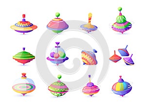 Cartoon toy top. Colorful plastic spinning children toy with motion balance, fun educational swirling game. Vector