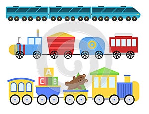 Cartoon toy train vector railroad and cartoon carriage game fun leisure joy gift locomotive transportation.