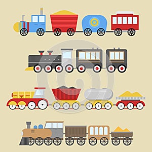 Cartoon toy train vector railroad and cartoon carriage game fun leisure joy gift locomotive transportation.