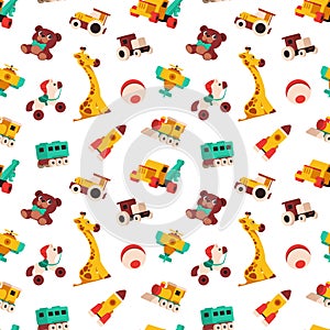 Cartoon toys pattern. Seamless print with kid colorful toys, cute baby transport animals and puzzle games. Vector texture