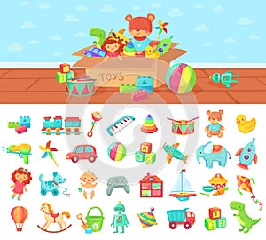 Cartoon toys. Vector set of kids play, block and doll