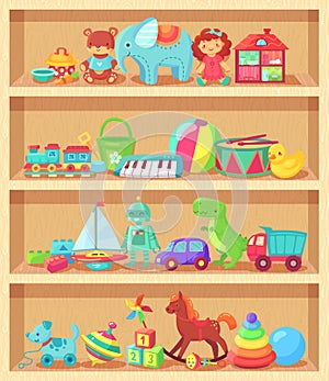 Cartoon toys on wood shelves. Funny animal baby piano girl doll and plush bear. Kids toy shopping shelf vector collection