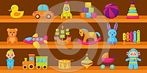 Cartoon toys on wood shelves. Kids toy shopping shelf vector group objects collection