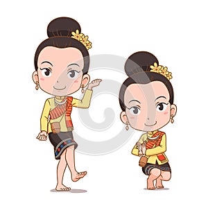 Cartoon traditional Thai dancer girl. Serng Kratip dance.