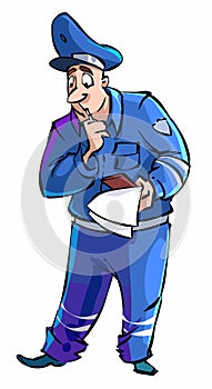 Cartoon traffic cop checks documents and thinks about it