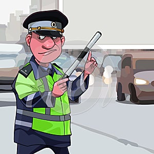 Cartoon male traffic inspector points finger at a part of a blank billboard photo