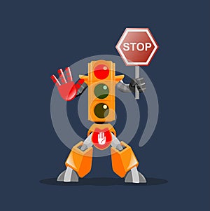 Cartoon traffic light robot holding a sign and shows the right way road safety