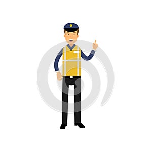 Cartoon traffic policeman standing and showing thumb up gesture, road police