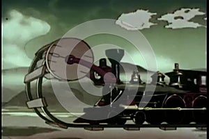 Cartoon of train laying its own tracks