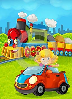 Cartoon train scene with happy kid girl in car