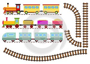 Cartoon train with wagons and railway. The toy train goes by rail.